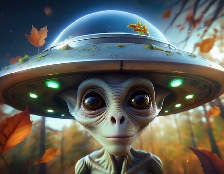 UFO and alien images in the form of different compositions created with artificial intelligence.