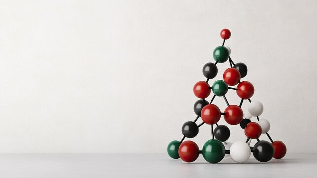 A creative representation of a Christmas tree made from colored molecular model balls, showcasing a festive scientific theme.