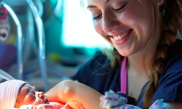 video of mother smiling after giving birth seeing her normal and healthy child