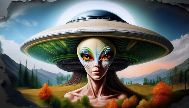 UFO and alien images in the form of different compositions created with artificial intelligence.