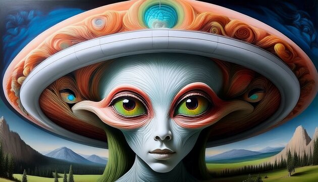 UFO and alien images in the form of different compositions created with artificial intelligence.