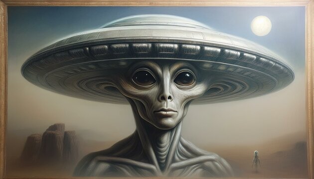 UFO and alien images in the form of different compositions created with artificial intelligence.
