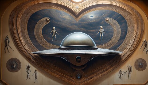 UFO and alien images in the form of different compositions created with artificial intelligence.