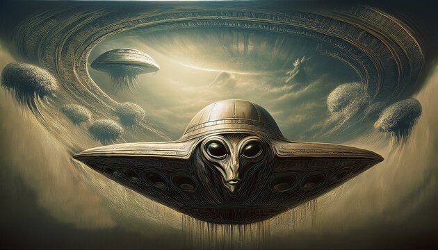 UFO and alien images in the form of different compositions created with artificial intelligence.