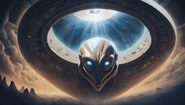UFO and alien images in the form of different compositions created with artificial intelligence.