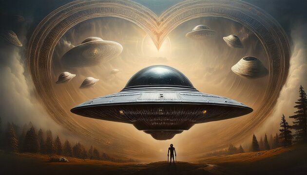 UFO and alien images in the form of different compositions created with artificial intelligence.