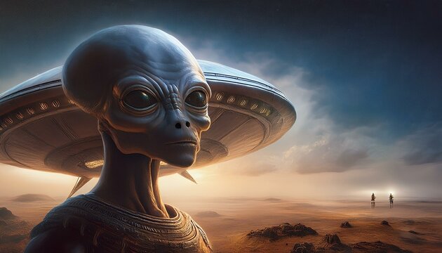 UFO and alien images in the form of different compositions created with artificial intelligence.