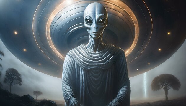 UFO and alien images in the form of different compositions created with artificial intelligence.