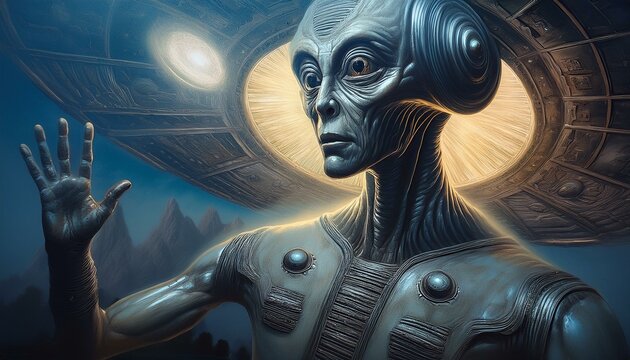 UFO and alien images in the form of different compositions created with artificial intelligence.