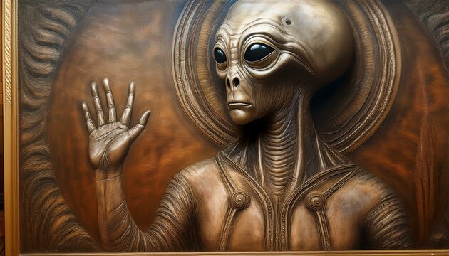 UFO and alien images in the form of different compositions created with artificial intelligence.