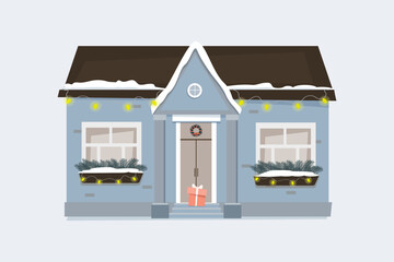 Cozy winter house in the New Year's style. Christmas vector flat illustration, cartoon style. Winter poster, sticker. Badge, icon decoration for postcards, prints, posters, etc.