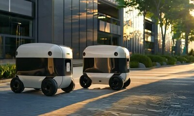 A group of futuristic logistic vehicles. Modern automated delivery robots in warehouse logistics.
