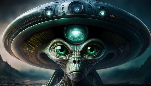 UFO and alien images in the form of different compositions created with artificial intelligence.
