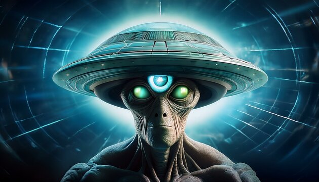 UFO and alien images in the form of different compositions created with artificial intelligence.