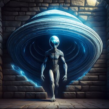 UFO and alien images in the form of different compositions created with artificial intelligence.