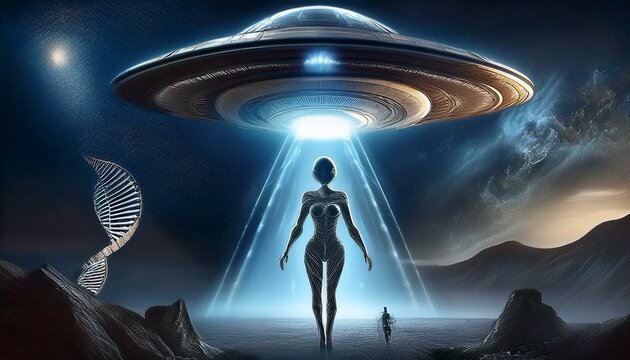 UFO and alien images in the form of different compositions created with artificial intelligence.