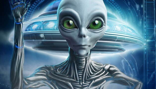 UFO and alien images in the form of different compositions created with artificial intelligence.