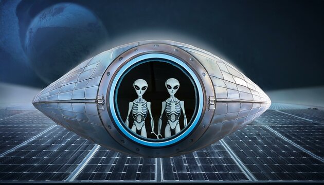 UFO and alien images in the form of different compositions created with artificial intelligence.