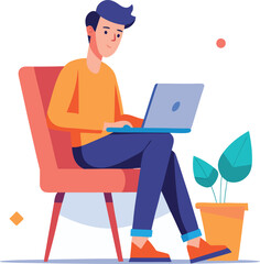 a boy is using his laptop vector