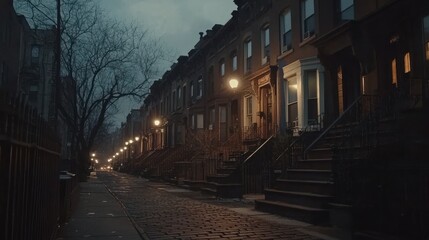 Fototapeta premium Historic Brownstone Townhouses on a Quiet Street Scene