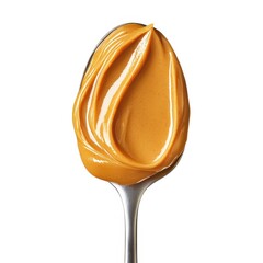 A shiny spoon holds a smooth, creamy dollop of peanut butter, showcasing its rich, golden color and inviting texture.