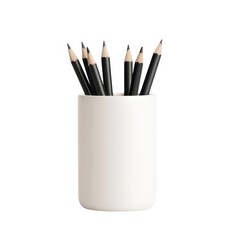 A simple white pot holds multiple black pencils, arranged upright, creating a minimalist and artistic workspace aesthetic.