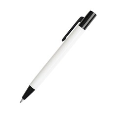 A sleek black and white ballpoint pen, ideal for writing, drawing, or signing documents, showcasing a simple yet elegant design.
