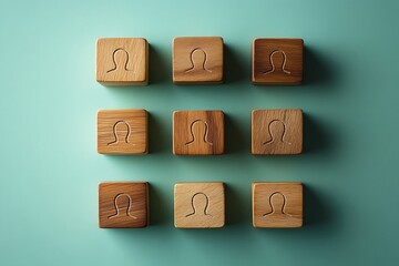 Obraz premium Wooden Blocks with Human Head Symbols Aligned on Green Background