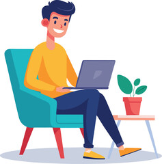 a boy is using his laptop vector