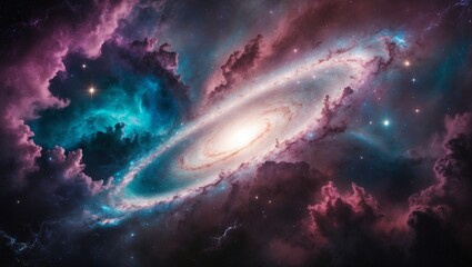 Fototapeta premium Illustration capturing the essence of space with lush, swirling nebula clouds in deep, rich purples, electric blue, and soft, pastel pinks, illuminated by a sprinkle of glow stars and light flares 