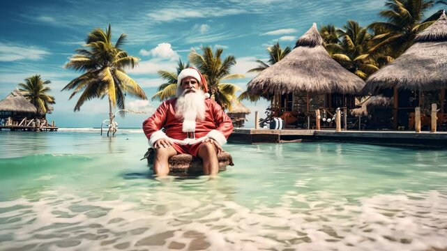 Santa Claus enjoying a tropical vacation, sitting on a rock in crystal-clear turquoise water with palm trees and beach huts in the background under a sunny sky. zoom in, zoom out, pan, or 360 degree s