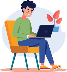 a boy is using his laptop vector