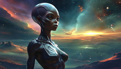 Alien women – captivating beings from space, AI-generated art. A fantastic blend of science fiction and art, showcasing mysterious creatures from distant galaxies. 