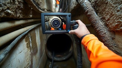 Worker Inspecting a Sewer Pipe with a Camera