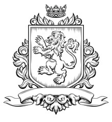 Template of Medieval Coat of Arms with Crown and Lion, Standing on Hind Legs. Black and White Outline Hand Drawn Retro Illustration. Vintage Engraving. Element for Classic Heraldic Design, Mascot, Tat