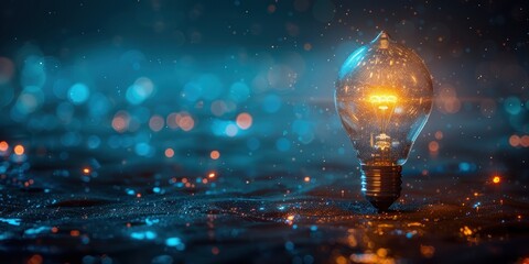 Glowing Lightbulb on Blue Background
