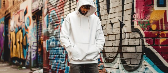 Man wearing a blank white hoodie standing in front of a graffiti wall.