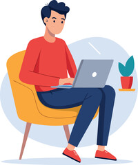 a boy is using his laptop vector