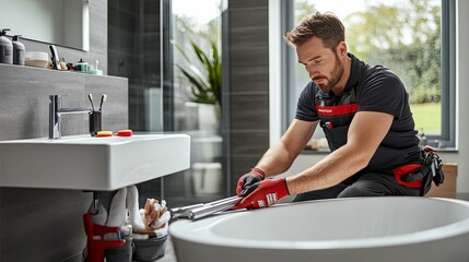 A Plumber Installing a Bathtub in a Modern Bathroom