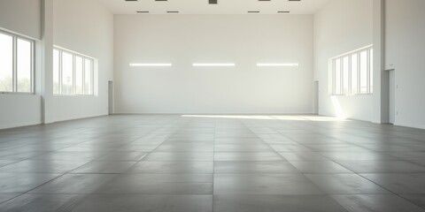 Fototapeta premium A spacious empty room with large windows, pristine white walls, and a tiled floor reflecting the natural light streaming in.