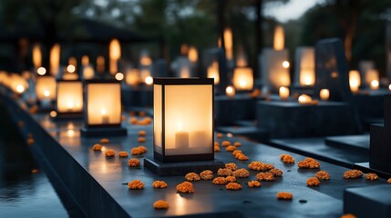 Illuminated lanterns and marigold flowers on gravestones in a peaceful cemetery at dusk, symbolizing remembrance and serenity.
