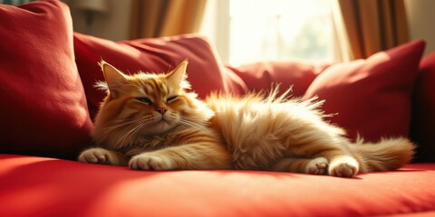A fluffy orange cat naps peacefully on a red couch, basking in the warm glow of sunlight streaming through a nearby window.