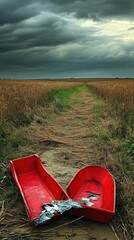 A desolate field with two red boats on a path under a stormy sky.