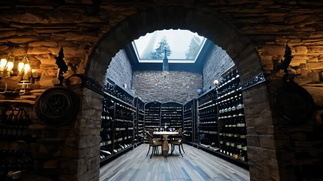 Camera zooms out from a luxurious wine cellar with stone walls, dark wood, and wine racks filled with vintage selections, creating an intimate atmosphere