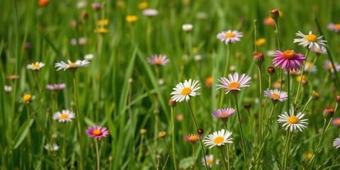 Wildflowers blooming in a lush green field, blooming, green, field