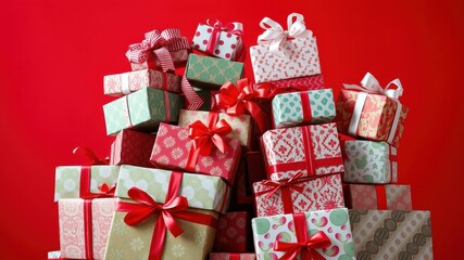 A Festive Abundance of Wrapped Gifts in Vibrant Red and Green Patterns, Ready to Delight with Their Contents