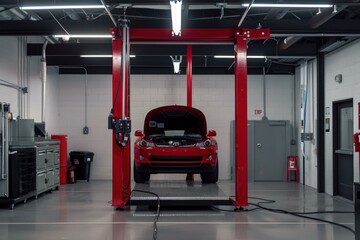 Red sports car is parked indoors on a hydraulic lift with its hood up