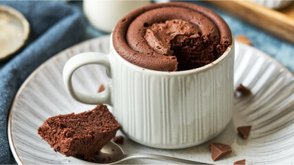 Chocolate Mug Cake: A rich, gooey chocolate mug cake on a white plate, with a spoonful beside it,...