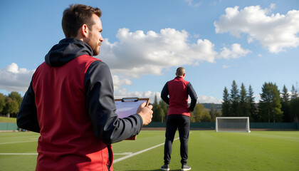 Coaches observing players on a sunny day at a tennis practice session in a lush green facility surrounded by trees and blue skies