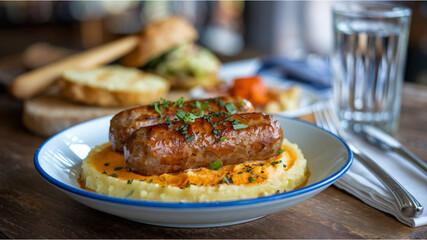 Bangers and Mash: Savory sausages served over creamy mashed potatoes, topped with rich gravy, set...